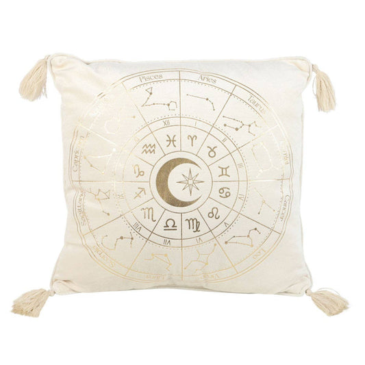 Coussin carré blanc cassé en forme de roue astrologique, 35 cm