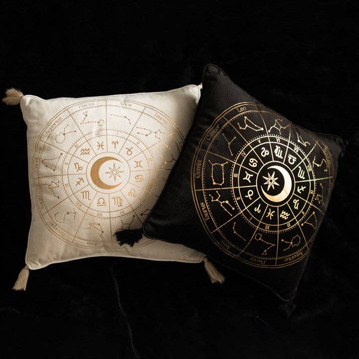 Coussin carré blanc cassé en forme de roue astrologique, 35 cm