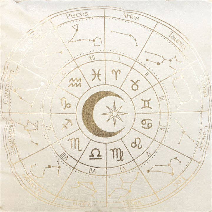 Coussin carré blanc cassé en forme de roue astrologique, 35 cm