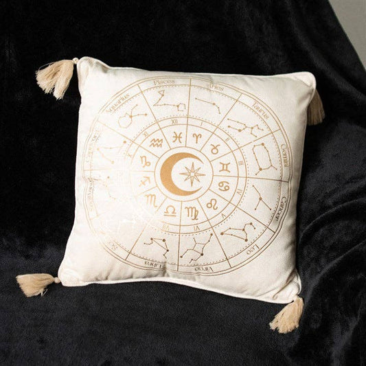 Coussin carré blanc cassé en forme de roue astrologique, 35 cm