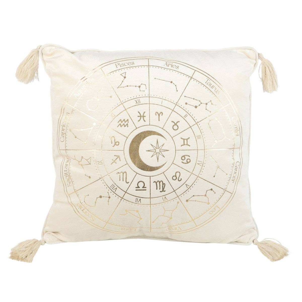 Coussin carré blanc cassé en forme de roue astrologique, 35 cm
